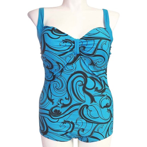 1pc Aqua Blue Swimwear Womens Size 10 Fashion Paisley Print One Piece Swimsuit - Picture 8 of 9